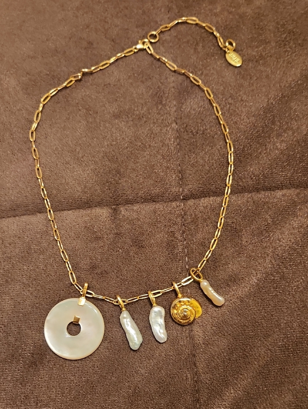 Gold Chain Necklace with Mother-of-Pearl Discs and Baroque Pearls By L.Fortunato